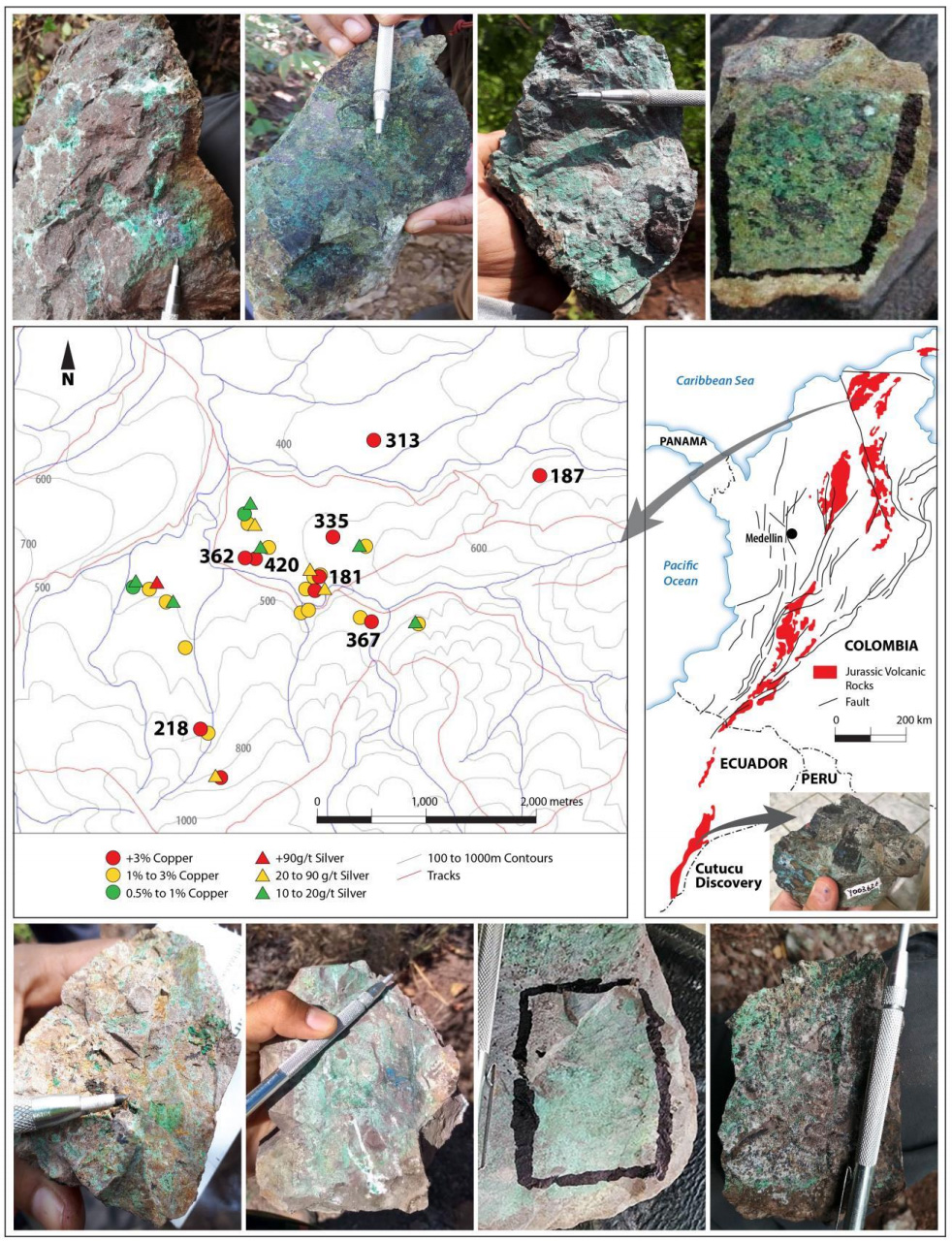Figure 1. Mineralized samples from the Cesar copper-silver project with visible copper oxide mineralization.
