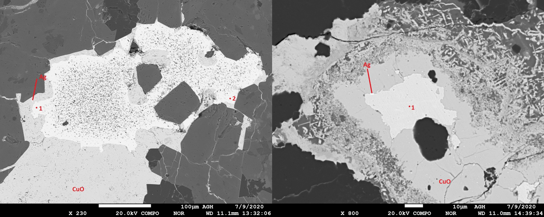 Figure 1. Native silver (Ag) and silver-bearing chalcosite (1) from CESAR â€“ (425775)